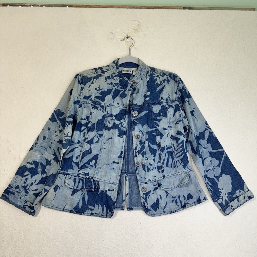 Chico's VTG Blue Denim Jacket Bleached Floral Print 90s Peplum Coat Size Medium